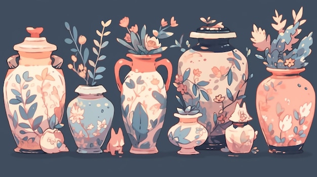 Een collectie vazen met bloemen op de bodem.