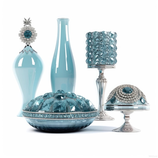 Een collectie vazen met een blauw glas en zilveren decoratie.