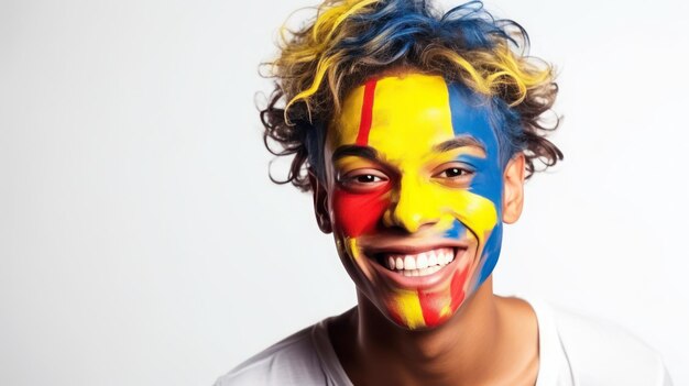Een Colombiaanse jongen heeft de nationale vlag op zijn gezicht geschilderd