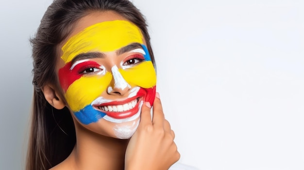 Een Colombiaanse jongen heeft de nationale vlag op zijn gezicht geschilderd