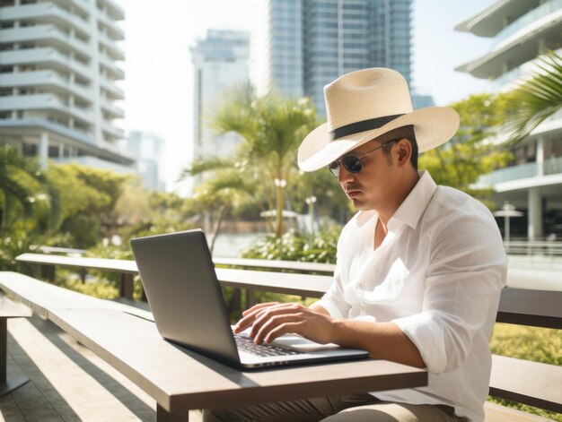 Een Colombiaanse man die aan een laptop werkt in een levendige stedelijke omgeving