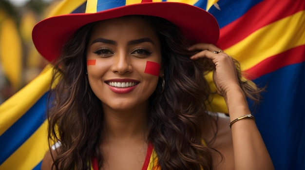 Een Colombiaanse vrouw beschildert trots haar lachende gezicht met de felle kleuren van de vlag van haar land