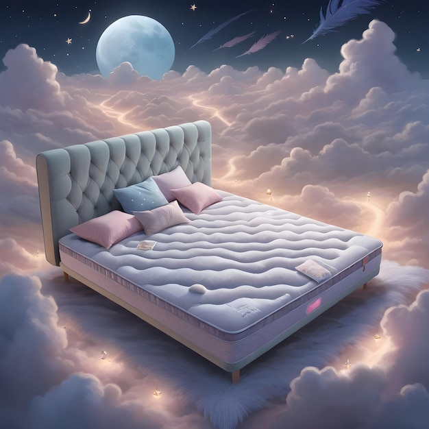 Een comfortabel bed met de maan en de sterren in de lucht.