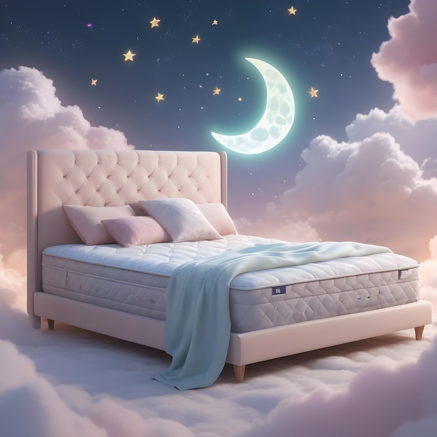 Een comfortabel bed met de maan en de sterren in de lucht.