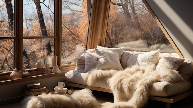 Foto een comfortabele plek om te ontspannen met pluche kussens en fuzzy tapijten naast het raam