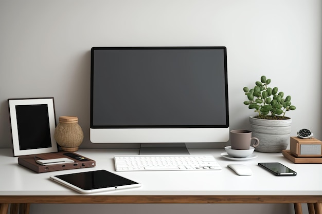 Een comfortabele werkruimte op een houten bureau met een laptop, een leeg frame en benodigdheden