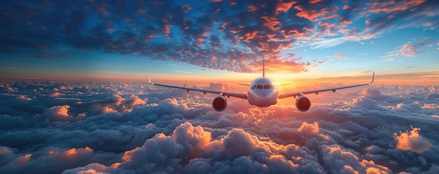 Een commercieel vliegtuig vliegt op grote hoogte met een levendige zonsondergang die de bewolkte lucht verlicht