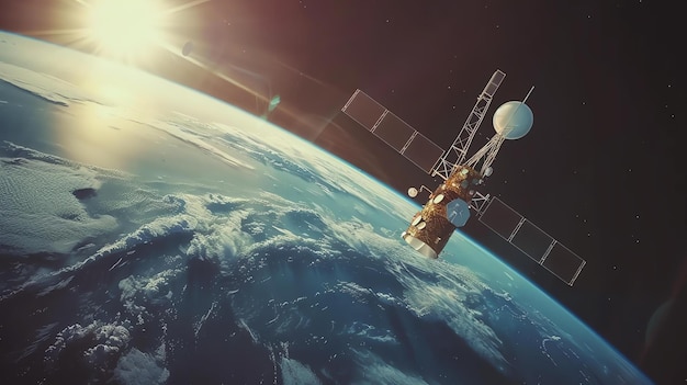 Foto een communicatie satelliet draait om de aarde tegen de achtergrond van de zon