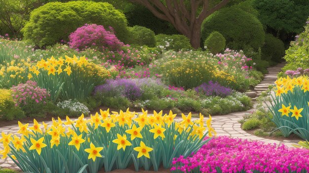 Een compositie van een harmonieus uitgebalanceerde tuin met een pad en bloemen AI generatief