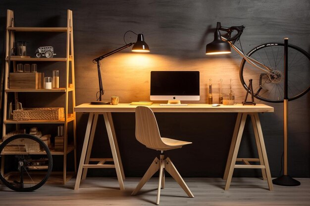 Foto een computer bureau met een lamp en een lamp erop