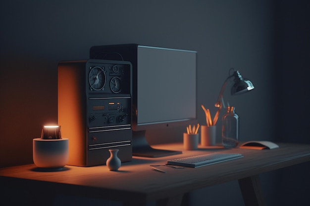 Een computer op een bureau met een lamp waarop 'thuis' staat