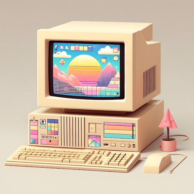 Een computer uit de jaren 90 in de stijl van vaporwave