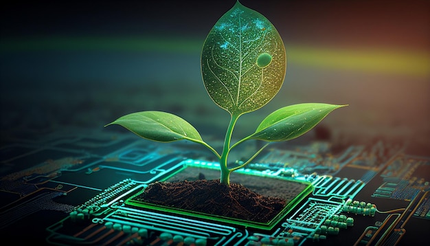 Een computerchip met een groene spruit Met behulp van generatieve AI-technologieën is een organische digitale achtergrond gegenereerd