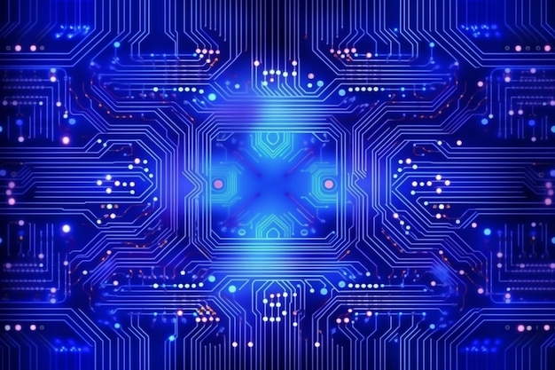 Een computercircuit met blauwe lampjes en een printplaat met het woord circuit erop.