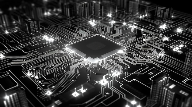 Een computercircuit met lampjes aan en een printplaat met het woord cpu erop.