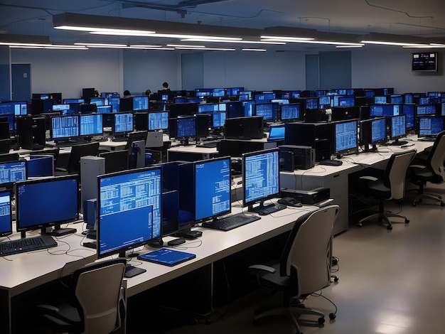 Een computerlab gevuld met rijen computers gegenereerd door AI