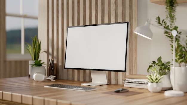 Een computermodel en decorplanten op een houten tafel in een minimalistisch Scandinavisch kantoor