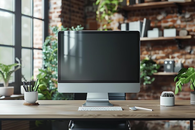 Een computermonitor die bovenop een houten bureau zit