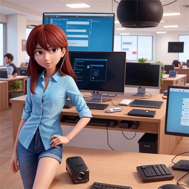 een computermonitor met een meisje op de rug staat op een bureau met aan de linkerkant een computermonitor en een monitor.