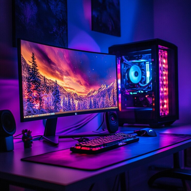 Foto een computermonitor met een paars licht en een paarse achtergrond met een paarse hemel en bomen erop