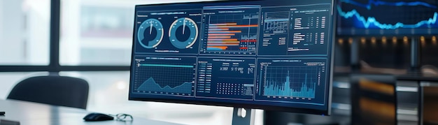 Een computermonitor toont een aantal grafieken en grafieken. De monitor staat op een bureau in een kamer met een raam.