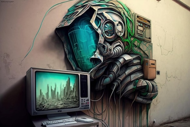 Een computerscherm en een graffiti-schilderij van een man met een gasmasker.