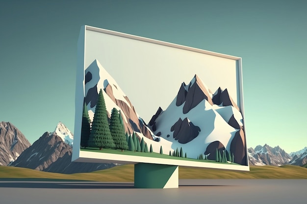 Een computerscherm met bergen en een berg erop
