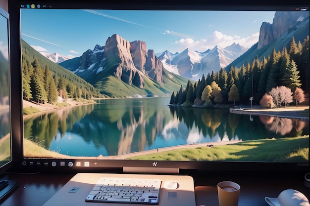 Een computerscherm met een berg en een kopje op tafel