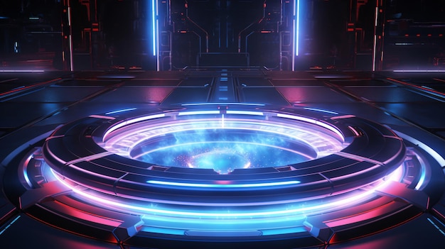 een computerscherm met een blauw en rood licht dat het woord erop zegt3D-weergave van sci-fi stretc