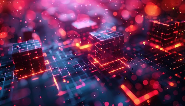 Een computerscherm met een rode achtergrond en een hoop kubussen erop door een door AI gegenereerde afbeelding
