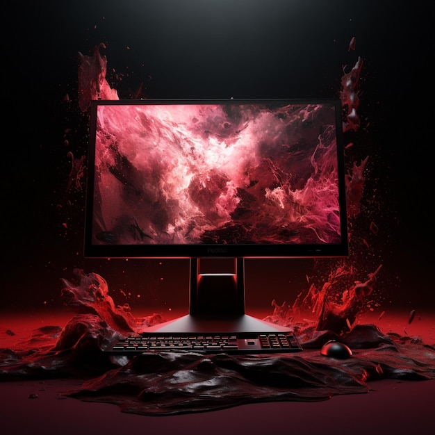 een computerscherm met een rode achtergrond met een zwarte achtergrond met een rood vuur erop.