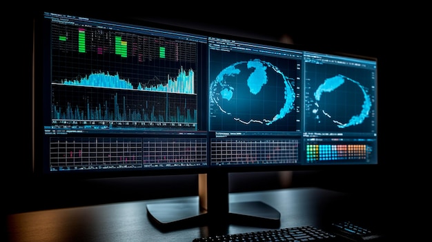 Een computerscherm met meerdere financiële rapporten en grafieken en taart die het idee van gegevensanalyse en strategische besluitvorming in bedrijfsbeheer vertegenwoordigen Generatieve AI