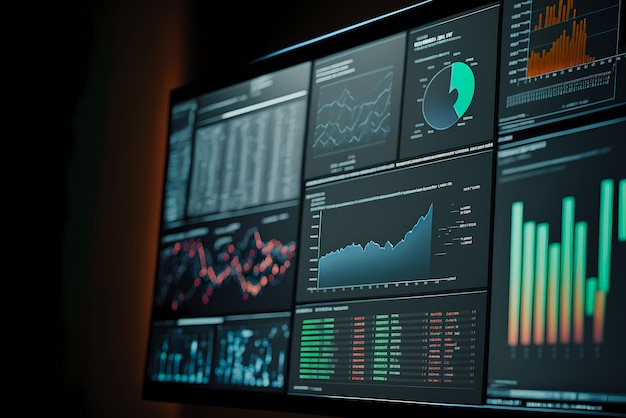 Een computerscherm met meerdere financiële rapporten, grafieken en taart voor bedrijfsbeheer