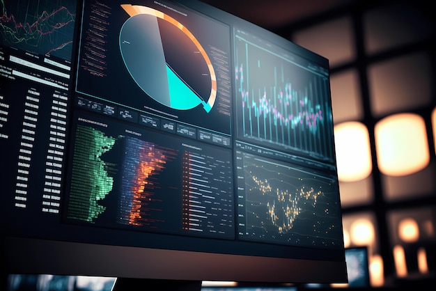 Een computerscherm met meerdere financiële rapporten, grafieken en taart voor bedrijfsbeheer