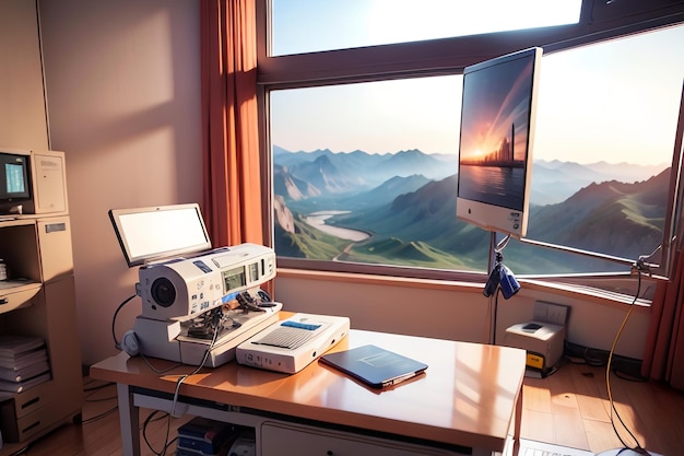 Een computerscherm staat op een bureau met uitzicht op een berg.