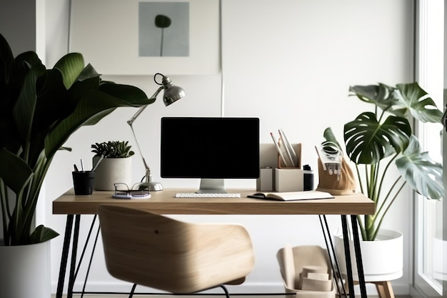 Een computerscherm staat op een bureau voor een plant.