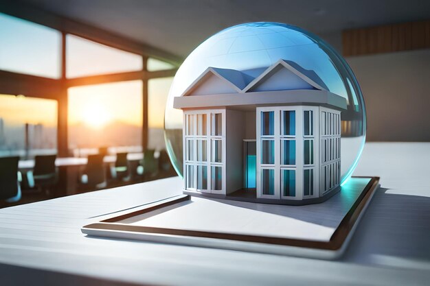 Foto een concept holo 3d render model van een klein woonhuis op een tafel in een vastgoedbureau ondertekening m