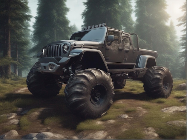 Een concept monster truck jeep offroad op bos