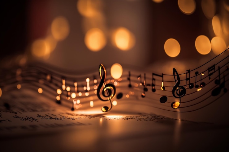 Foto een concept voor muziekfestivals radiostations muziekliefhebbers live met muziek muziek in de hartnoten zang melodie apps en websites g-sleutel koptelefoon in een thuisstudio audio-opname