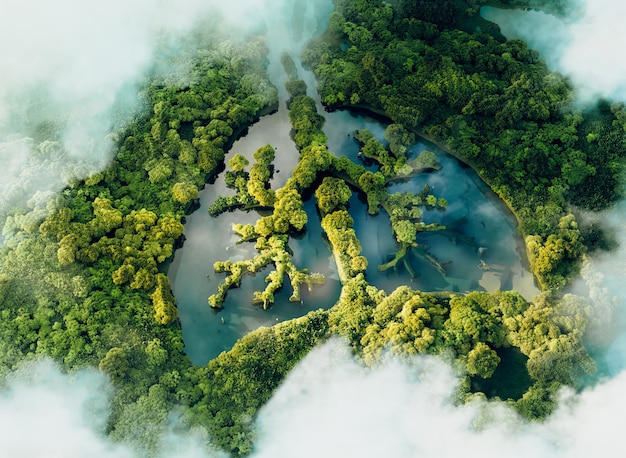Foto een conceptueel beeld van een longvormig meer in een weelderige en ongerepte jungle. 3d-rendering.
