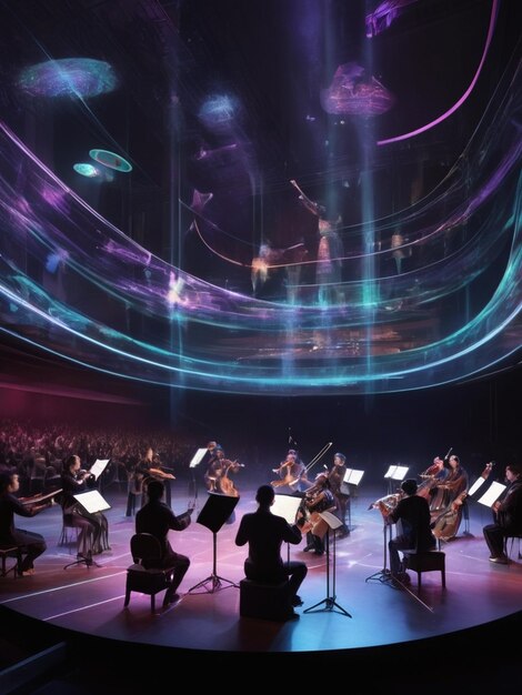 Foto een concert scène met een muziekband op het podium en een groot beeld van een man die een viool speelt