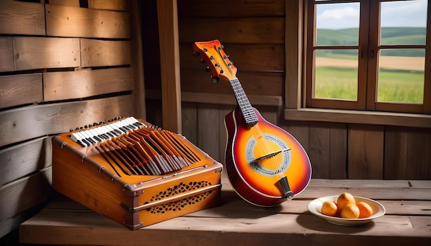 een concertina en mandoline leunend tegen een antieke houten bank in een schilderachtige landelijke schuur