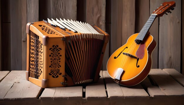 een concertina en mandoline leunend tegen een antieke houten bank in een schilderachtige landelijke schuur