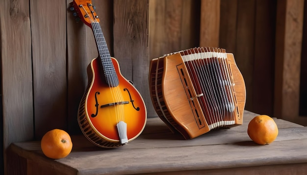 een concertina en mandoline leunend tegen een antieke houten bank in een schilderachtige landelijke schuur