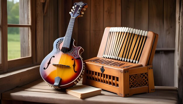 een concertina en mandoline leunend tegen een antieke houten bank in een schilderachtige landelijke schuur