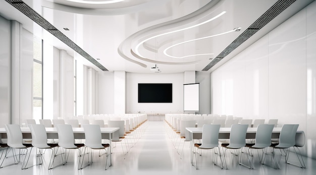 Een conferentiezaal met witte stoelen en een groot scherm