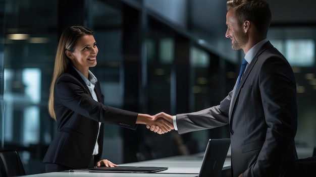 een consultant die een klant de hand schudt na een succesvolle bijeenkomst met een presentatiescherm in de...