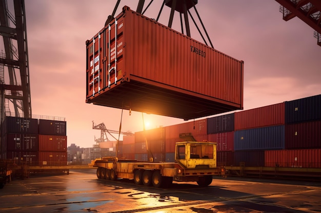 Een container wordt opgetild door een kraan met het woord port aan de zijkant