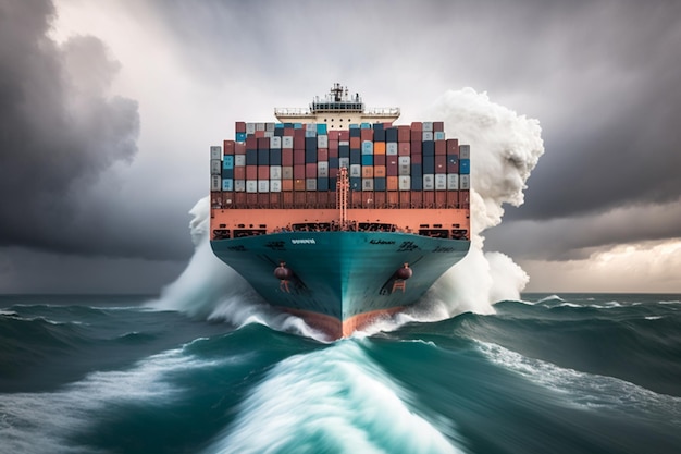 Een containerschip ligt in de oceaan met een bewolkte lucht op de achtergrond.