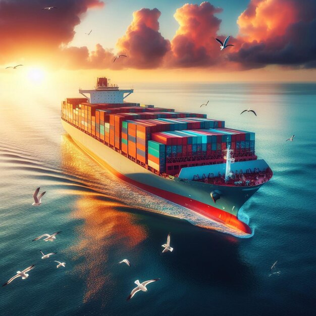 een containerschip met vogels die eromheen vliegen en meeuwen die in de achtergrond vliegen